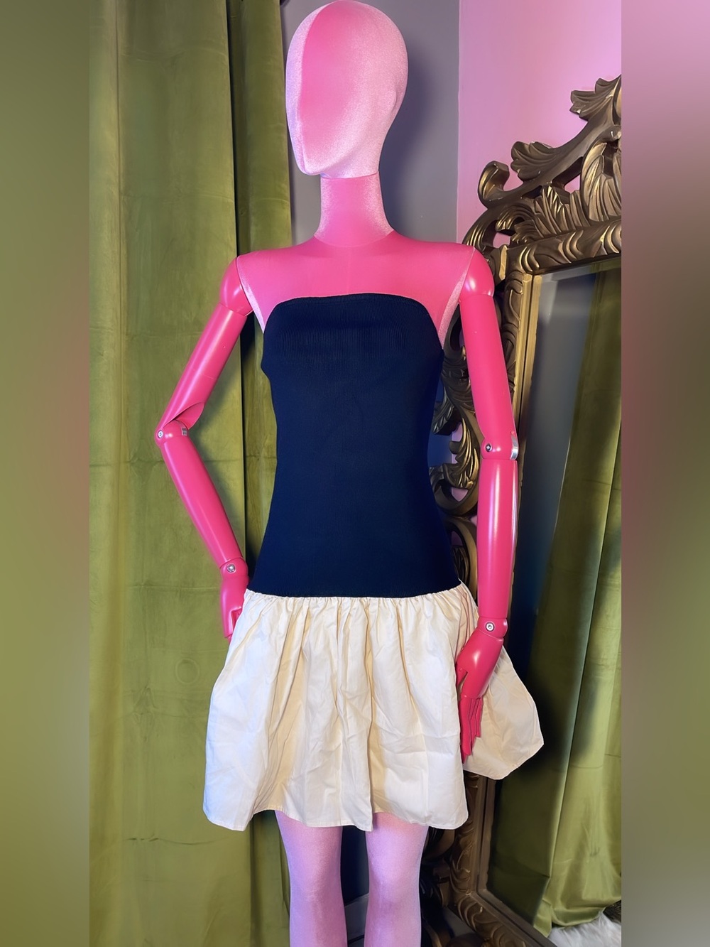 Line & Dot Navy and Cream Strapless Two-Tone Mini Dress